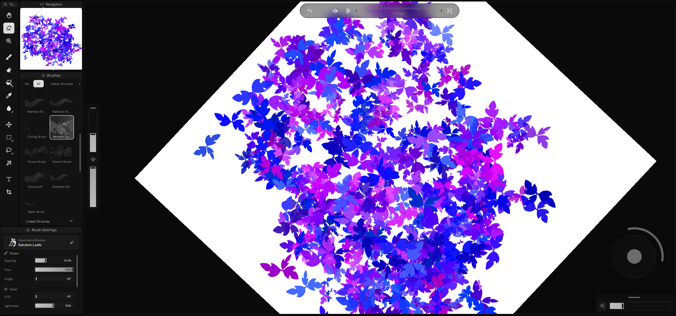 A Ruwa canvas viewed at a larger zoom, moved within the workspace, and rotated